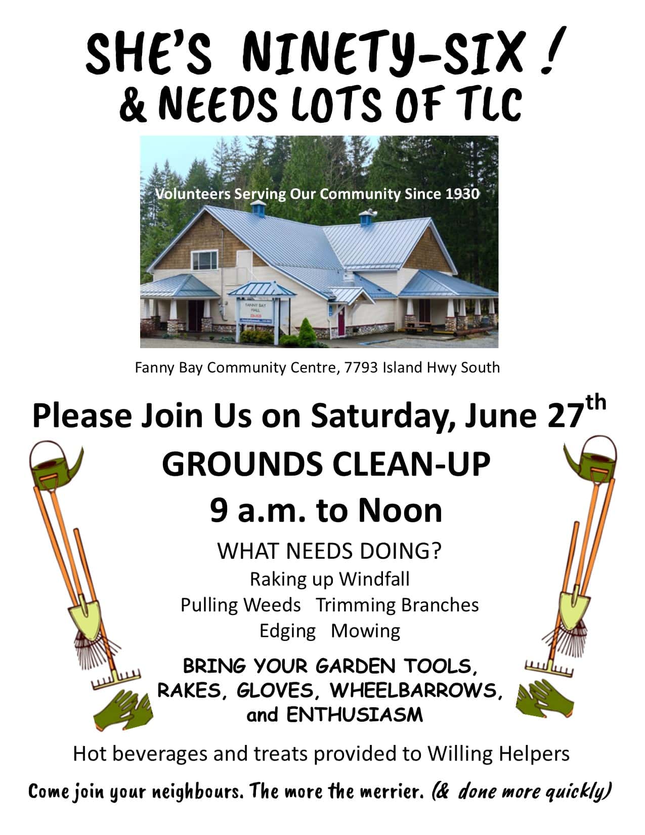 Community volunteers cleaning grounds at Fanny Bay Community Centre.